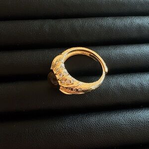 Women’s Real Gold-Plated Vintage Amber Stone Ring with Rhinestones Adjustable